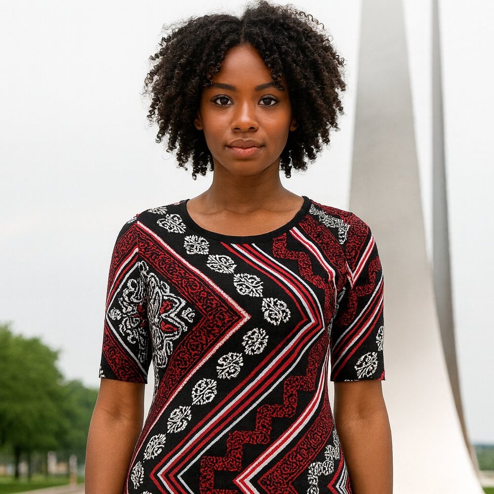 Monroe and Main Black Red White Geometric Print Knit Dress Size Medium